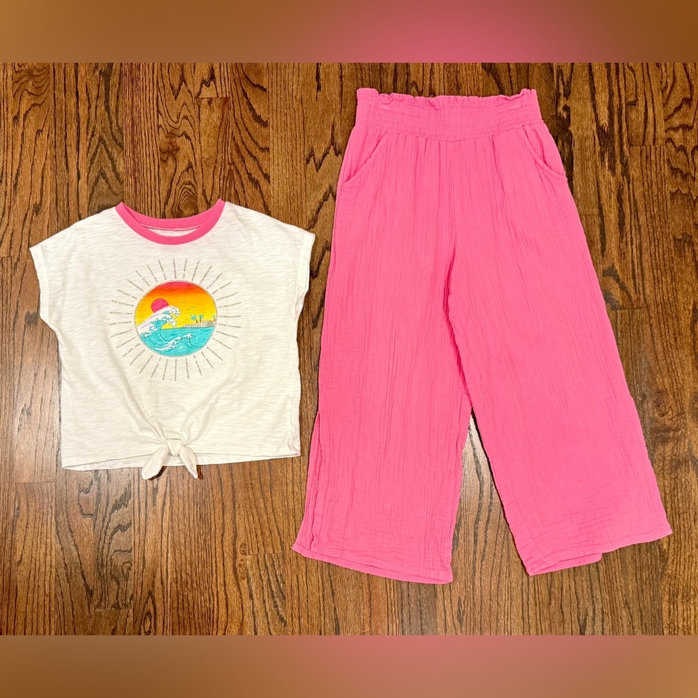 Pink Wide-Leg Pants & Graphic Tee Set girls size 7/8 Tommy Bahama 2-piece outfit